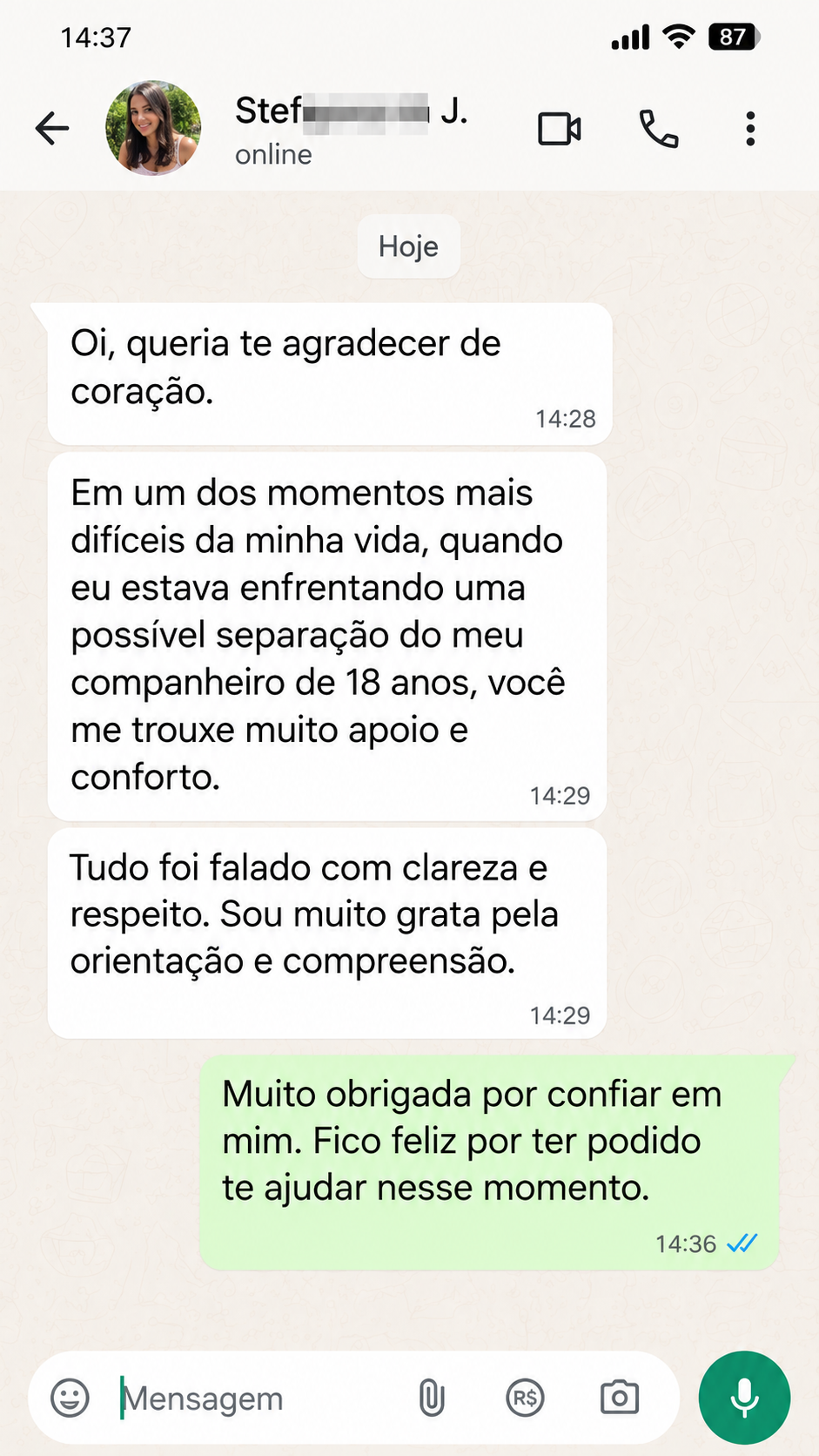 Conversa no WhatsApp agradecendo pelo apoio, clareza e orientação durante um momento difícil no relacionamento